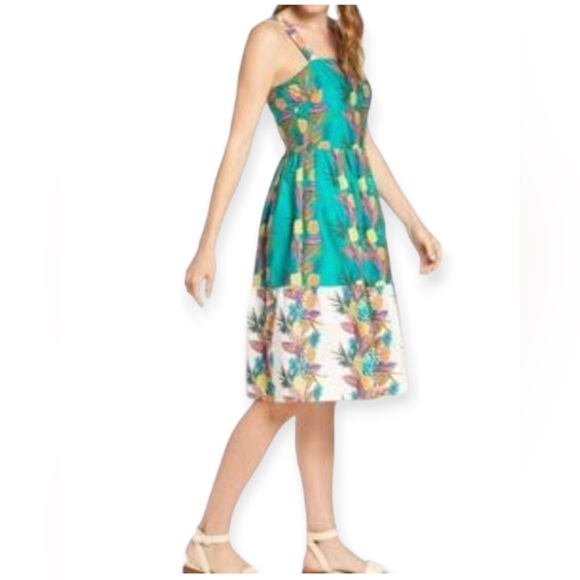 1901 MIdi Tropical Pineapple Sundress with Pockets Sleeveless ALine Teal Dress - Picture 4 of 16